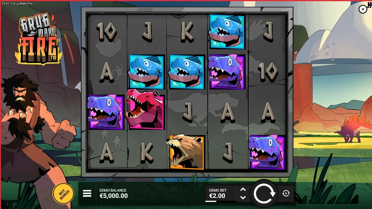 Tampilan visual slot Grug Make Fire dengan elemen api dan karakter prasejarah