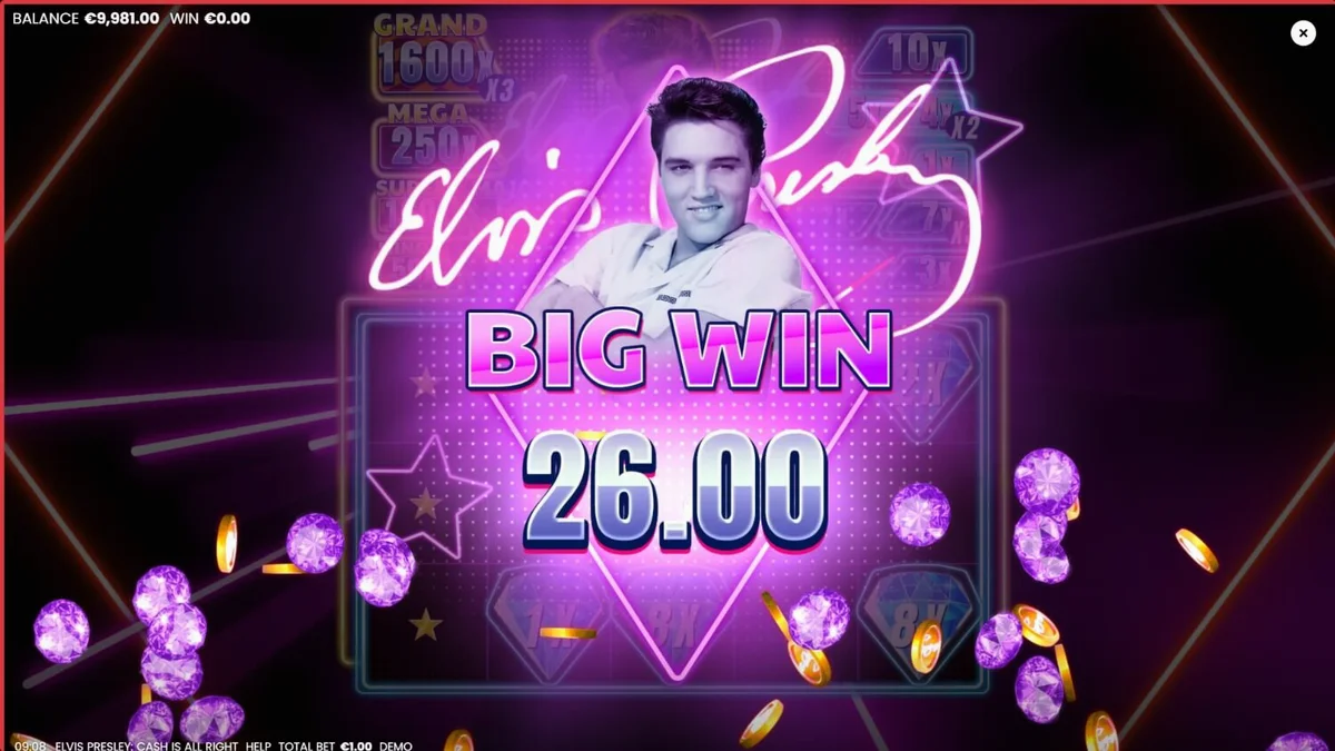 Tampilan visual slot Elvis Presley: Cash is All Right dengan nuansa neon Las Vegas