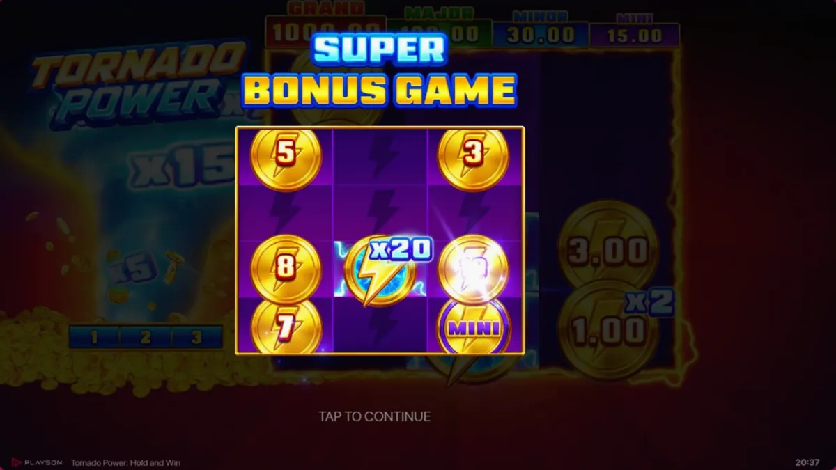 Tampilan visual slot Tornado Power: Hold and Win dengan simbol buah dan efek petir