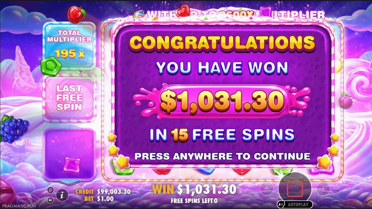 Tampilan visual ceria dan penuh warna dari slot Sweet Bonanza 2500 dengan simbol permen dan buah-buahan.